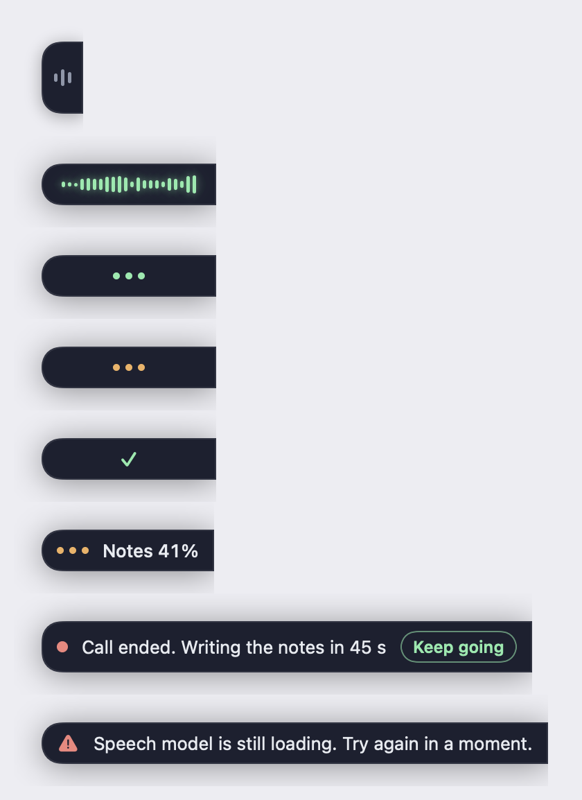 The Speakhold bar in each state: idle tab, listening waveform, transcribing dots, polishing dots, a tick, notes progress, call ended with Keep going, and an error message